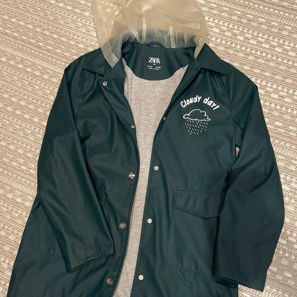 Zara Green Raincoat with Cloudy Day Print